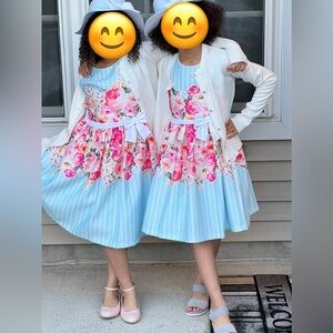 BONNIE JEAN Girl’s Floral Poplin Blue & White Dress w/ Hat Picture Perfect